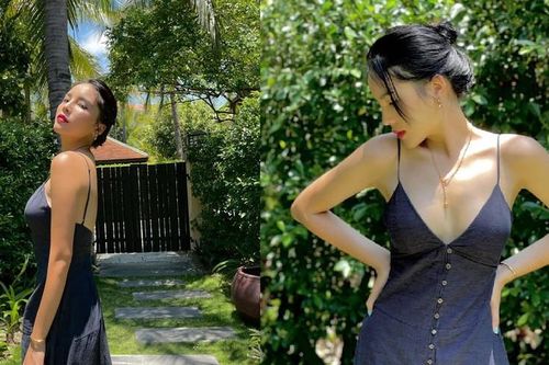 Hoa hậu Kỳ Duyên diện váy hai dây khoe vòng một lấp ló