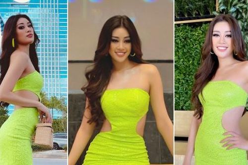 Ngày đầu thi Miss Universe, Khánh Vân khôn khéo 'bắt trend' mặc váy neon khoét eo sexy