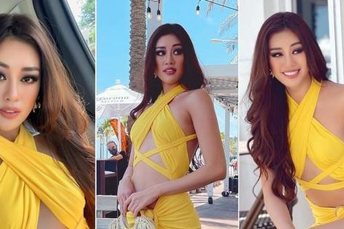 Mặc váy vàng 'chói lóa', Khánh Vân khoe trọn cơ bụng nóng bỏng tại Miss Universe 2020