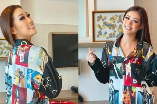 Hoa hậu Khánh Vân khoe bộ pyjamas đặc biệt in hình các đại diện Việt Nam ở Miss Universe