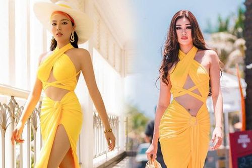 Kỳ Duyên - Khánh Vân 'đụng hàng' chiếc đầm vàng cắt xẻ
