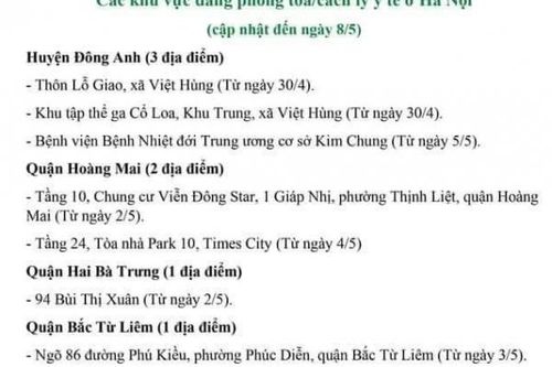 Các địa điểm cách ly y tế trên địa bàn Hà Nội