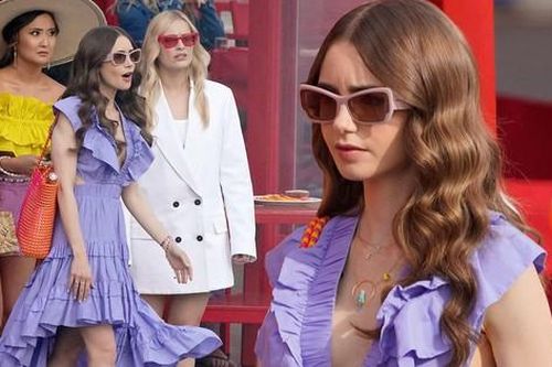 Lily Collins diện váy xẻ sâu, 'thả rông' trên phim trường Emily In Paris phần 2
