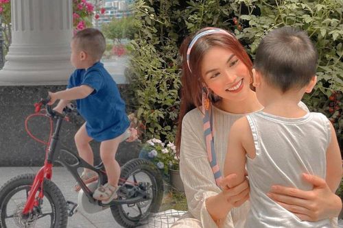 Lan Khuê khoe ảnh con trai một tuổi rưỡi nay đã cao lớn và biết chơi xe đạp