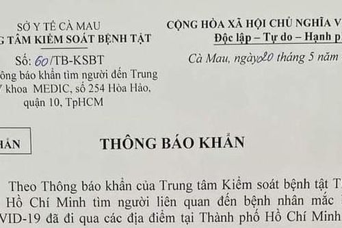 Cà Mau: Tìm người liên quan đến bệnh nhân Đ. T. T ở TP HCM