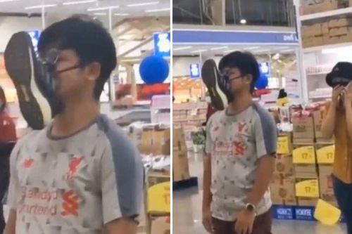 Quên khẩu trang, chàng trai đeo cả chiếc giày lên mặt gây chú ý
