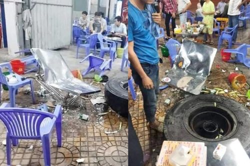 Đang ngồi ăn uống trên vỉa hè, thực khách bỏ chạy tán loạn vì bị lốp ô tô văng trúng