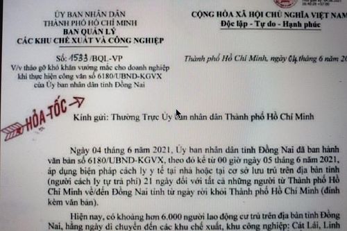 Khu công nghiệp hỏa tốc phản hồi sau khi Đồng Nai cách ly người về từ TP.HCM