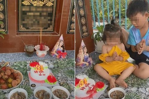 Xúc động cảnh 2 con nhỏ mang bánh gato ra mộ chúc mừng sinh nhật mẹ, nhìn thôi đã chảy nước mắt