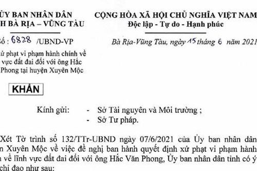 Tỉnh Bà Rịa-Vũng Tàu ra văn bản khẩn về việc xử phạt vi phạm hành chính ở huyện Xuyên Mộc