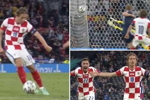 Modric ghi tuyệt phẩm trivela vào lưới Scotland để thiết lập kỷ lục mới