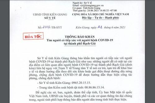 Kiên Giang thông báo khẩn truy tìm những người tiếp xúc với bệnh nhân Covid-19