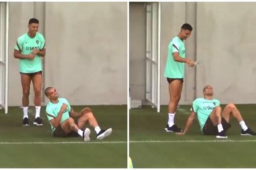 Ronaldo láu cá 'chơi xỏ' cả đàn anh Pepe trên sân tập