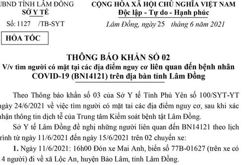 Sở Y tế Lâm Đồng thông báo khẩn số 02