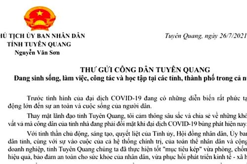Thư của Chủ tịch UBND tỉnh Tuyên Quang gửi công dân đang sinh sống, làm việc, công tác và học tập tại các tỉnh, thành phố trong cả nước