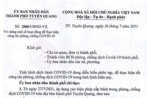 Thành phố Tuyên Quang dừng một số hoạt động để phòng, chống COVID-19