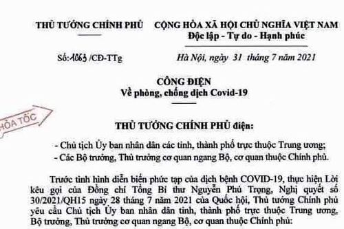 Công điện của Thủ tướng Chính phủ về phòng, chống dịch Covid-19