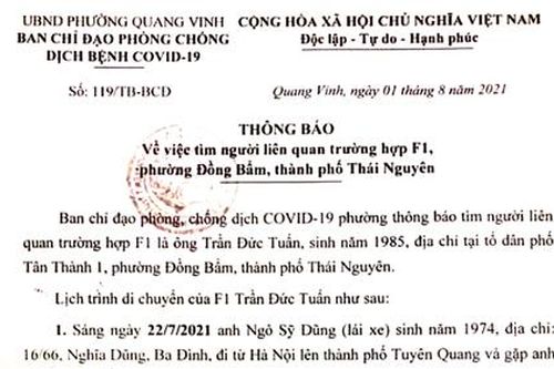 Tìm người liên quan trường hợp F1, phường Đồng Bẩm, TP Thái Nguyên