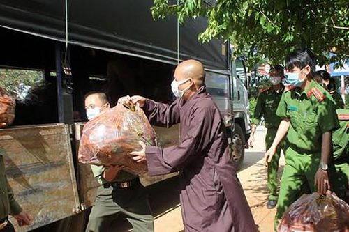 Đại đức, tăng ni thu hoạch, bốc vác rau gửi vùng dịch