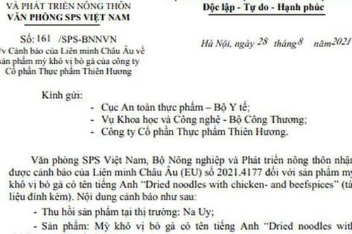 Cơ quan của Bộ NN&PTNT lên tiếng về mì khô vị bò gà của Thiên Hương nghi chứa chất độc hại bị thu hồi ở Na Uy