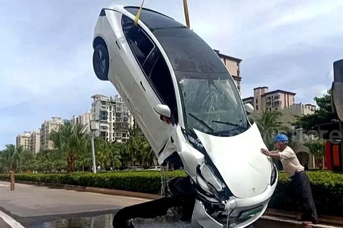 Nữ tài xế lái Tesla đâm xuyên lan can lao xuống mương