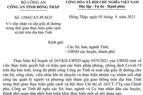 Tiếp nhận và cấp giấy đi đường trong thời gian thực hiện giãn cách xã hội trên địa bàn tỉnh