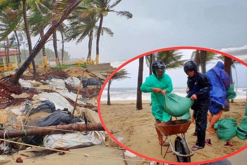 Mưa to, sóng lớn cuộn trào, người dân hối hả 'vá' bờ biển Hội An