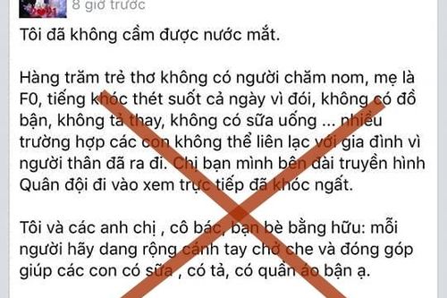 'Thông tin hàng trăm trẻ thơ không có người chăm nom, mẹ là F0, không tã, không có sữa…' là sai sự thật