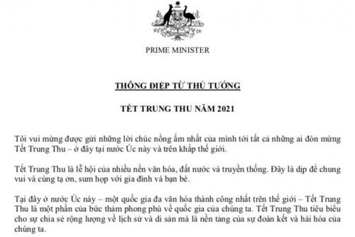 Thủ tướng Australia Scott Morrison gửi thư chúc mừng Tết Trung thu