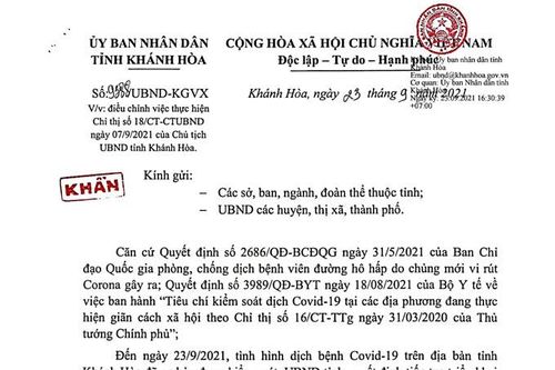 Công văn của UBND tỉnh Khánh Hòa về việc điều chỉnh thực hiện các biện pháp phòng, chống dịch Covid-19 từ ngày 24-9
