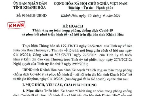 Kế hoạch Thích ứng an toàn trong phòng, chống dịch Covid-19 và phục hồi kinh tế - xã hội trên địa bàn tỉnh Khánh Hòa từ ngày 1-10Hướng dẫn việc triển khai giai đoạn 1 Kế hoạch Thích ứng an toàn trong phòng, chống dịch Covid-19 và phục hồi phát triển kinh 