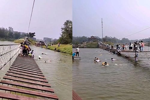 Cầu treo bất ngờ đứt khiến hàng chục du khách Trung Quốc rơi xuống sông