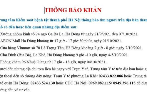 CDC Hà Nội: Tìm người đến Aeon Mall Hà Đông, Vinmart Lê Trọng Tấn, Chợ Đình