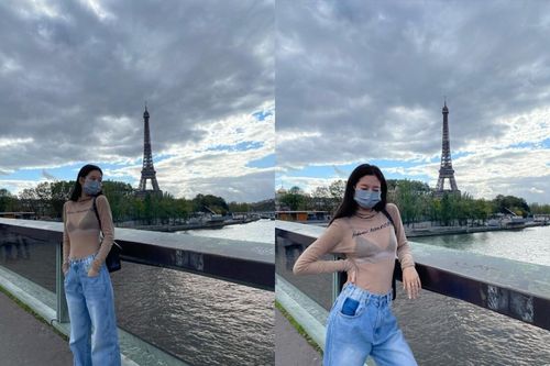 Jennie Black Pink mặc áo xuyên thấu chất lừ, tạo dáng trước tháp Eiffel