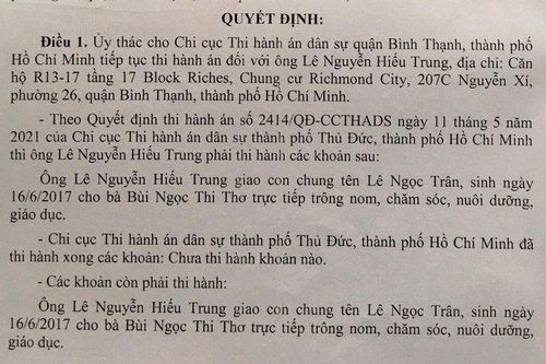 Ủy thác tiếp tục thi hành án yêu cầu giao con cho người mẹ nuôi dưỡng