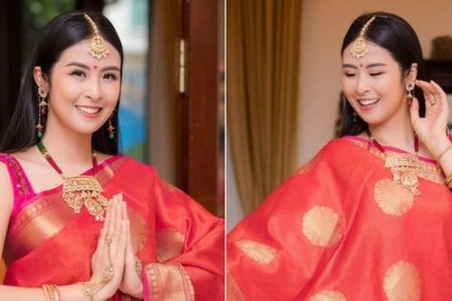 Hoa hậu Ngọc Hân đẹp lộng lẫy khi mặc trang phục truyền thống Sari của Ấn Độ