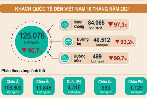 Khách quốc tế đến Việt Nam 10 tháng năm 2021 vẫn giảm sâu