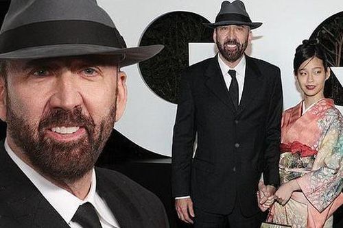 Vợ thứ 5 người Nhật mặc kimono, tay trong tay tài tử Nicolas Cage trên thảm đỏ