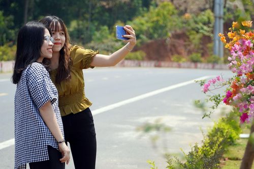 Du khách thích thú check-in trên đường hoa xuyên đảo Cát Bà