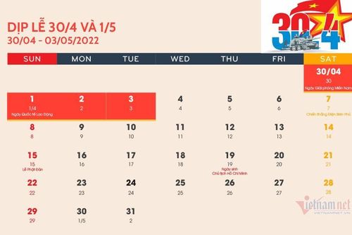 Dịp lễ 30/4 và 1/5: người lao động được nghỉ 4 ngày liên tiếp