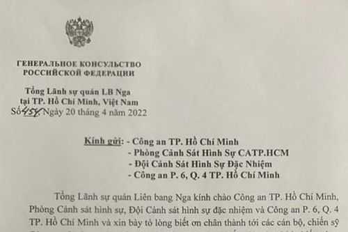 Tổng Lãnh sự quán Liên bang Nga gửi thư cảm ơn Công an TPHCM