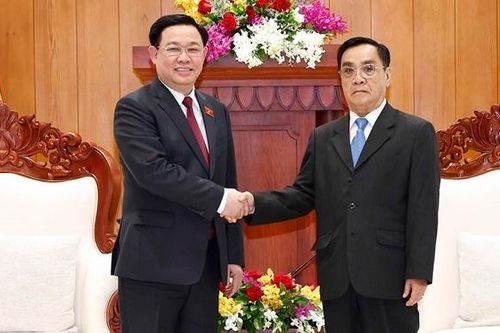 Chủ tịch Quốc hội Vương Đình Huệ gặp Nguyên Thủ tướng Lào Thongsing Thammavong