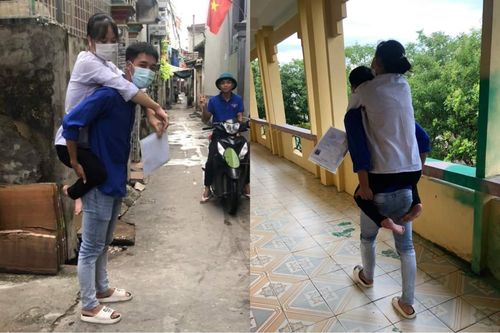 Tình nguyện viên cõng nữ sinh teo chân từ nhà tới tận phòng thi