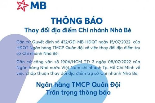 MB thông báo thay đổi địa điểm trụ sở Chi nhánh Nhà Bè