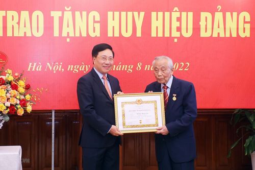 Nguyên Phó Thủ tướng Nguyễn Mạnh Cầm nhận huy hiệu 75 năm tuổi Đảng