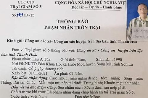 Truy tìm phạm nhân trốn khỏi Trại giam số 5
