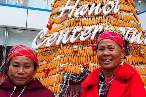 Người vùng cao xuống phố thích thú 'check in' cây thông Noel làm từ 8.000 bắp ngô