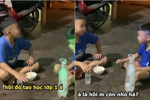 Cười xỉu 2 bé như 'cụ non' bên ly nước lọc: 'Hồi xưa khi tao học lớp một ấy, nó đánh tao mày không ra'