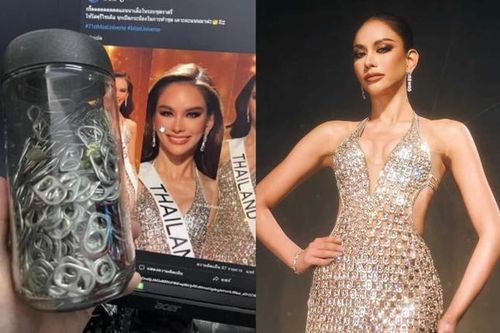 Độc lạ Miss Universe: Hoa hậu Hoàn vũ Thái Lan diện váy dạ hội làm từ nắp lon nước ngọt