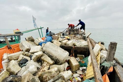 Gần 100 người ra quân thu gom phao xốp, rác thải trên Vịnh Hạ Long